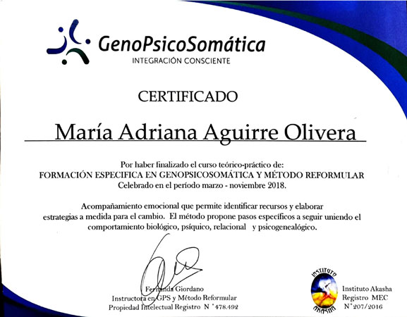 Certificado de Genopsicosomática y Método Reformular