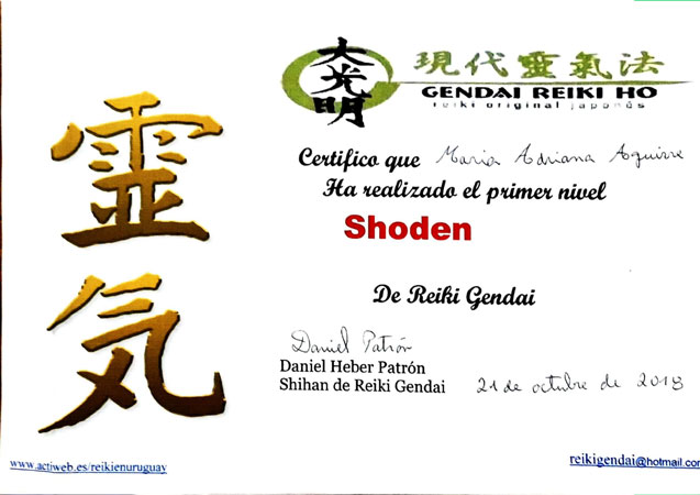 Certificado de 1er Nivel de Reiki Gendai