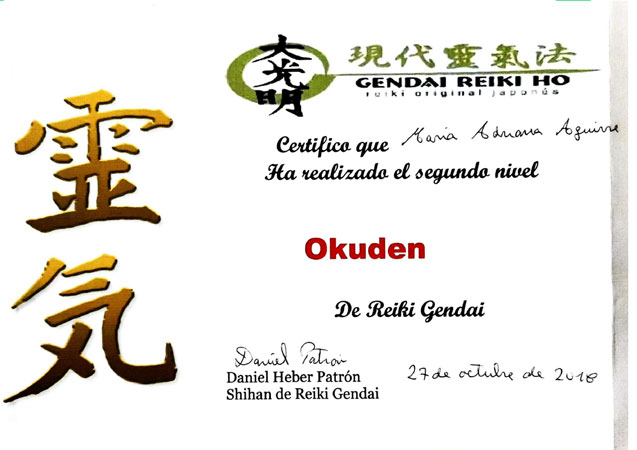 Certificado de 2do Nivel de Reiki Gendai