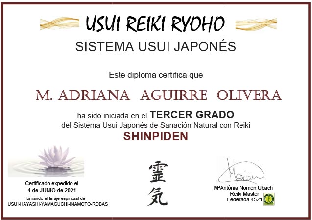 Tercer Grado del Sistema Usui Japonés de Sanación Nautral con Reiki